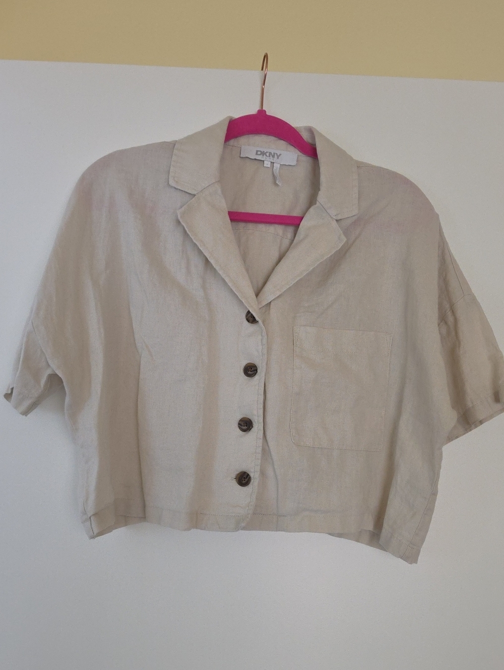 DKNY Neutral Beige Cropped Linen Button-Up Top